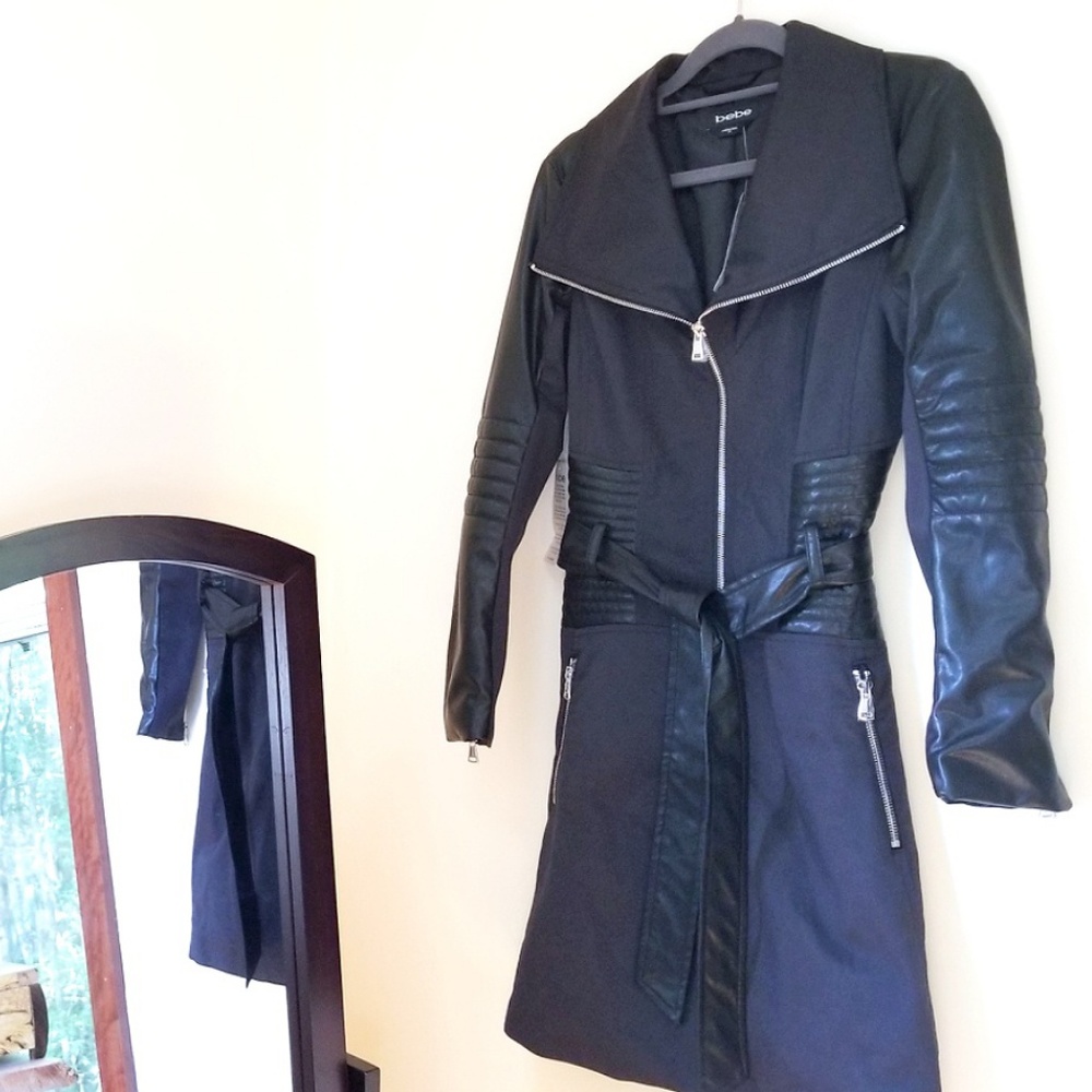 bebe Bond Faux-Leather Trim Moto Trench Coat